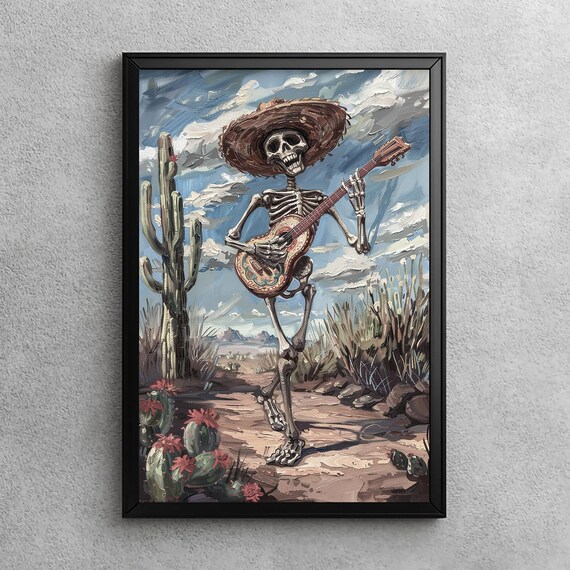 Da De Los Muertos Art Skeleton With Guitar Mexican Folk Halloween Wall Decor In Sombrero Mexico