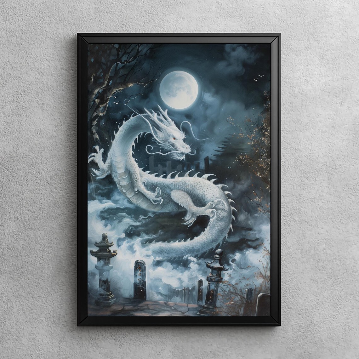 White Lunar Chinese Dragon Over Moonlit Shrine Night Fantasy Poster