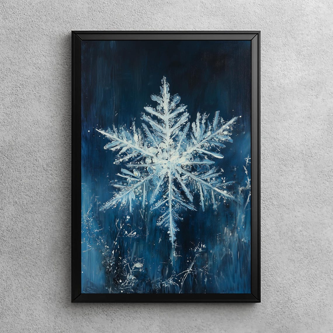 Giant Snowflake Deep Blue Winter Night Oil Painting Christmas Wall Art