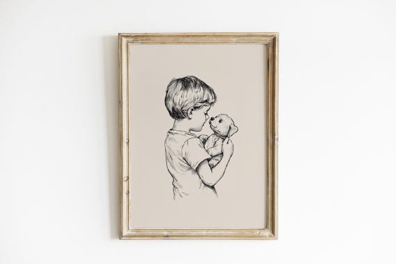 Vintage Boy and Dog Nursery Art Print, Minimalist Beige