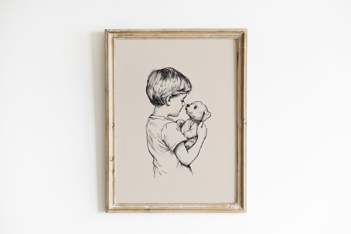 Vintage Boy and Dog Nursery Art Print, Minimalist Beige