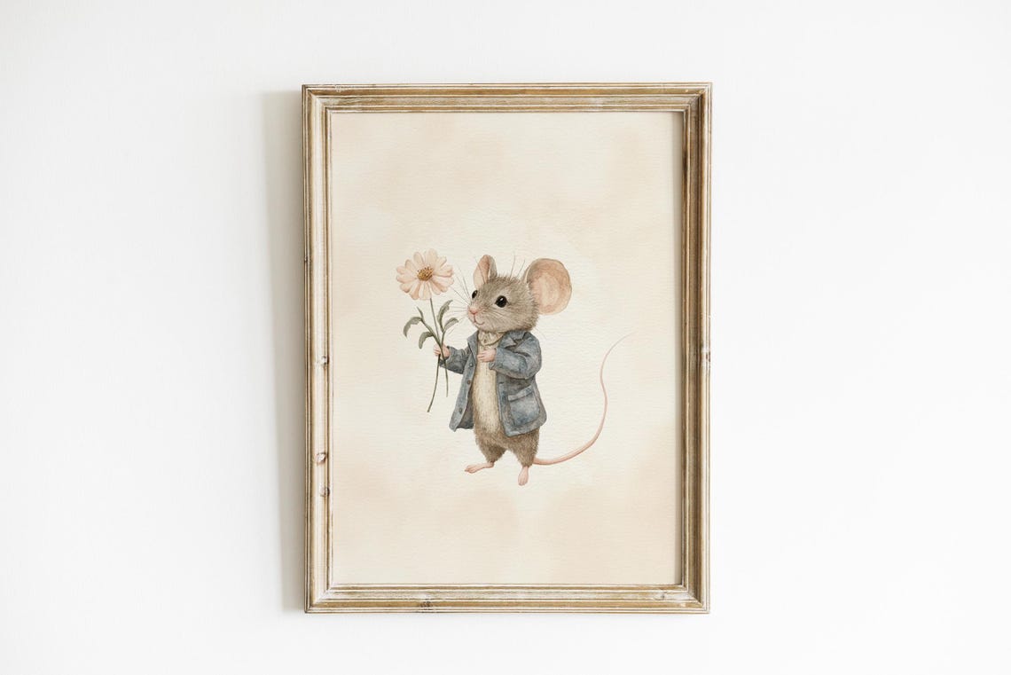 Vintage Floral Mouse Nursery Art Print