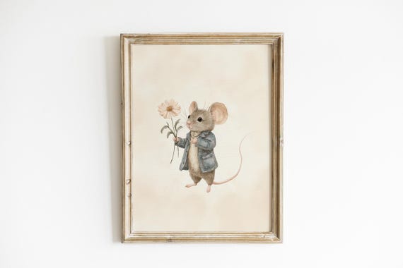 Vintage Floral Mouse Nursery Art Print