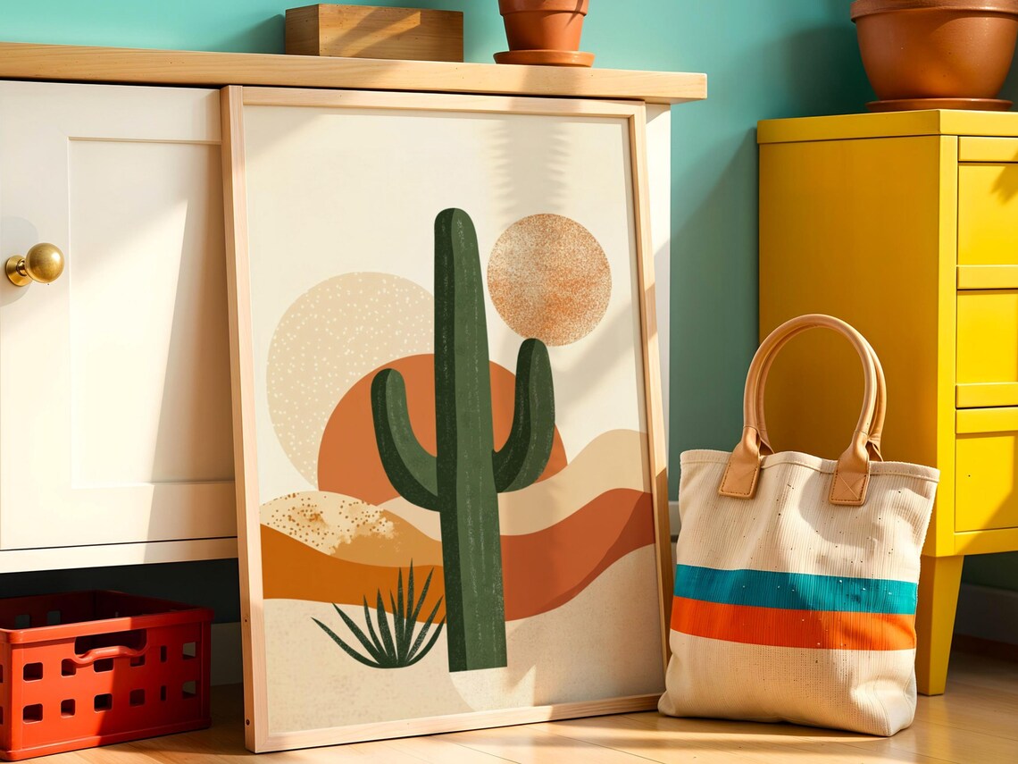 Boho Cactus Desert Art Print, Mid-Century Modern