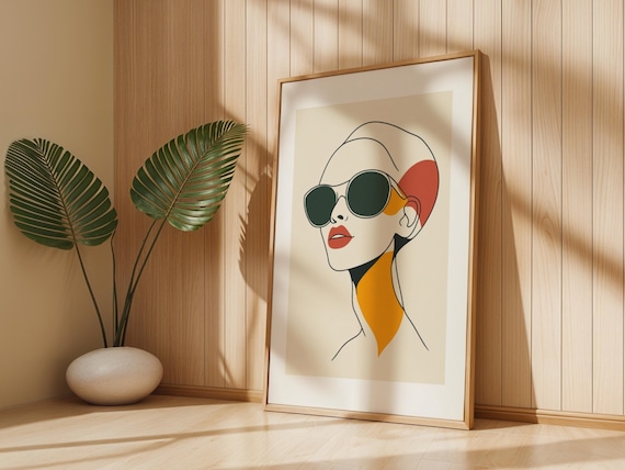 Modern Minimalist Woman Line Art Poster with Sunglasses Decor
