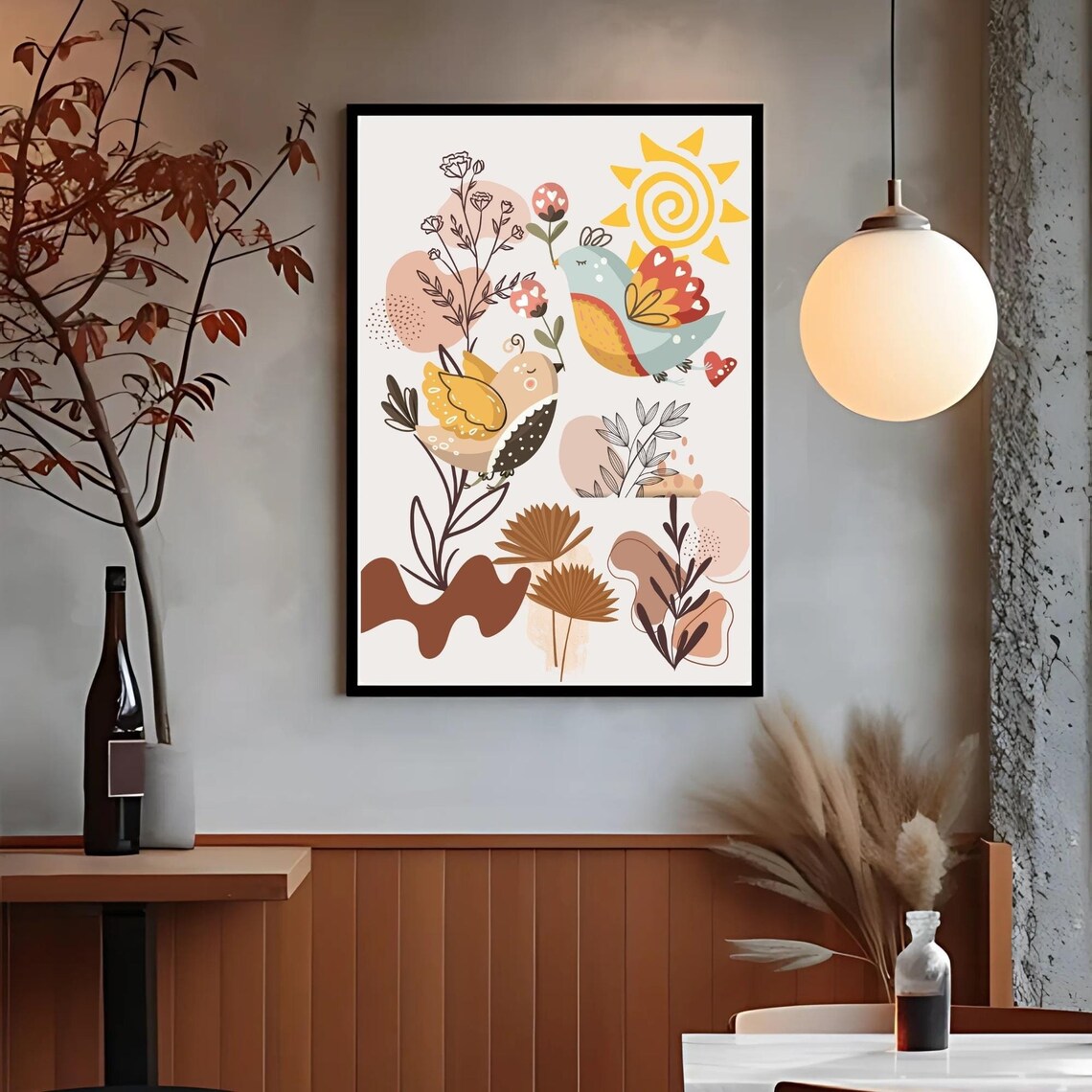 Boho Birds Sunshine Whimsical Floral Nature Kids Room Art Poster