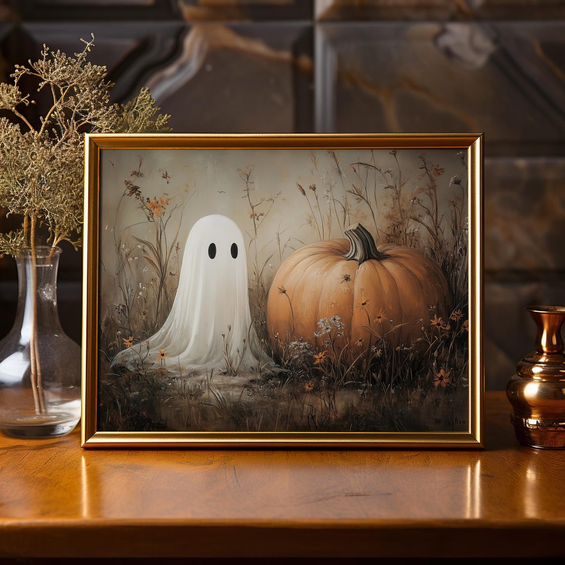 Cute Ghost and Pumpkin Autumn Field Moody Halloween Art Poster - Image 6