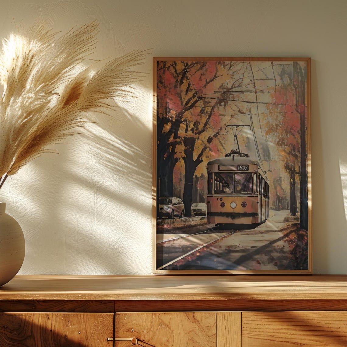 Vintage Tram Number 1907 Autumn Tree Lined Street Oil Art Poster - Image 6