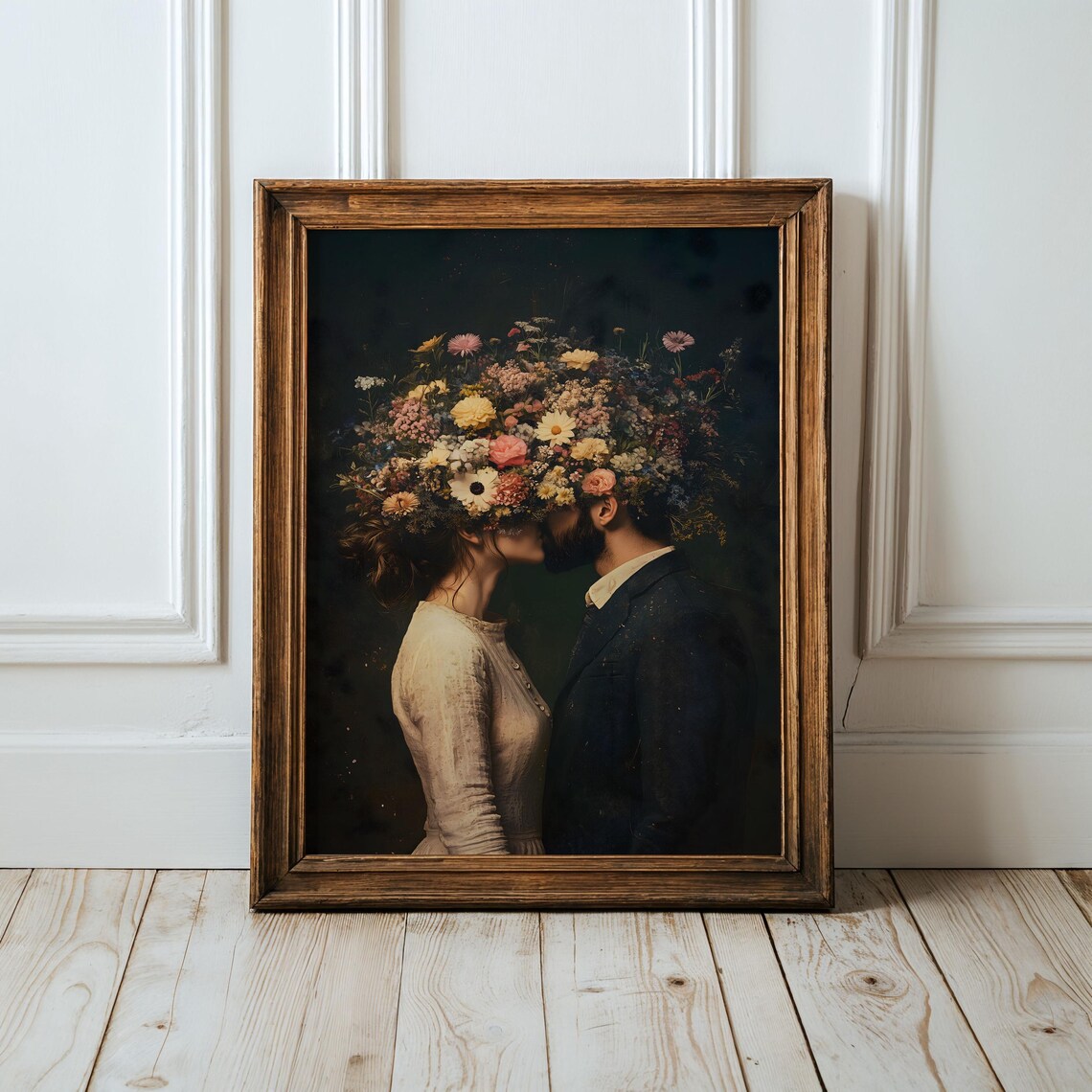 Couple Kiss Behind Wildflower Bouquet Moody Romantic Oil Poster - Image 6