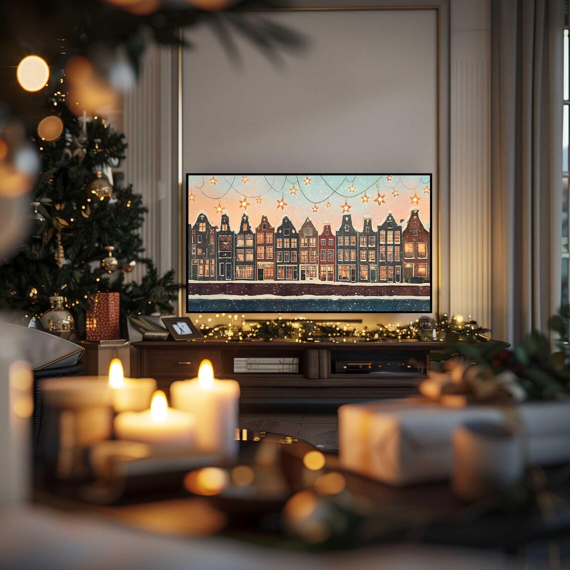 Winter Amsterdam Canal Houses Snow Star Lanterns Holiday Art Poster - Image 5