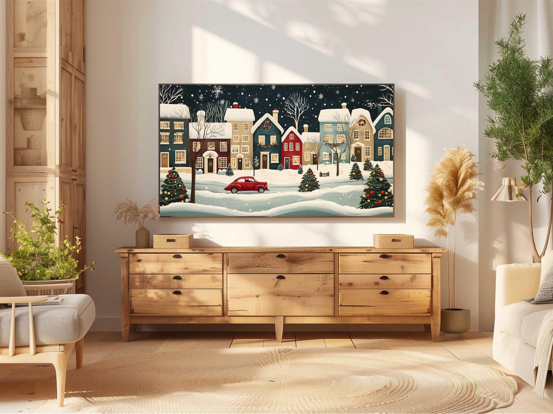 Christmas Town Night Snowy Village Red Vintage Car Holiday Poster - Image 5