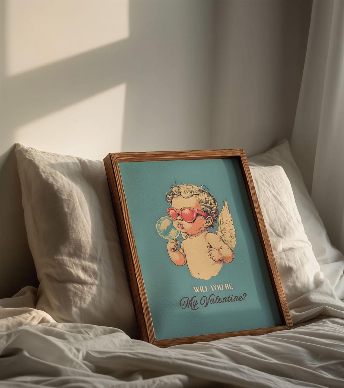 Retro Cupid Blowing Bubble Pink Sunglasses Will You Be Mine Poster - Image 2