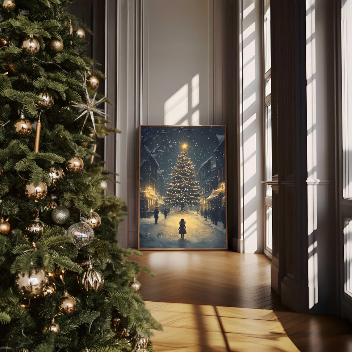 Snowy Street Christmas Tree Glowing At Night With Child Walking Poster - Image 5