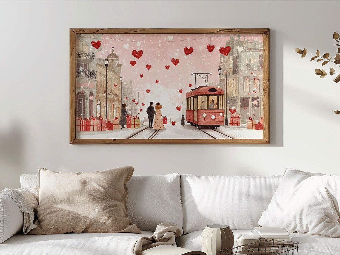 Valentine Snowy Pink Street Red Tram Gifts Hanging Hearts Poster - Image 5