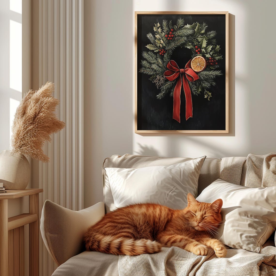Vintage Christmas Wreath With Red Bow And Dried Orange On Black Poster - Image 4