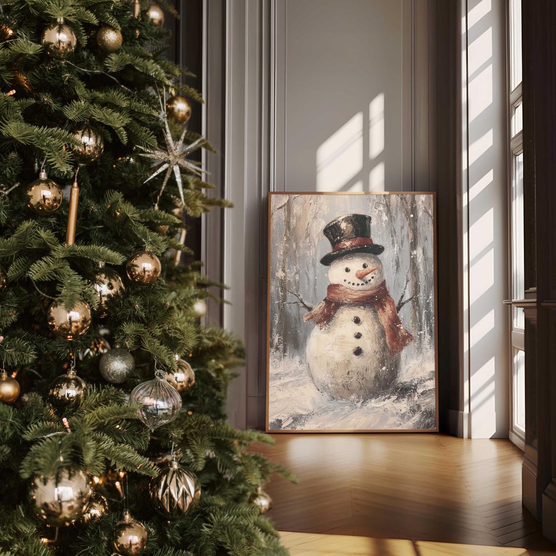 Smiling Snowman In Top Hat And Red Scarf In Winter Snowfall Poster - Image 6