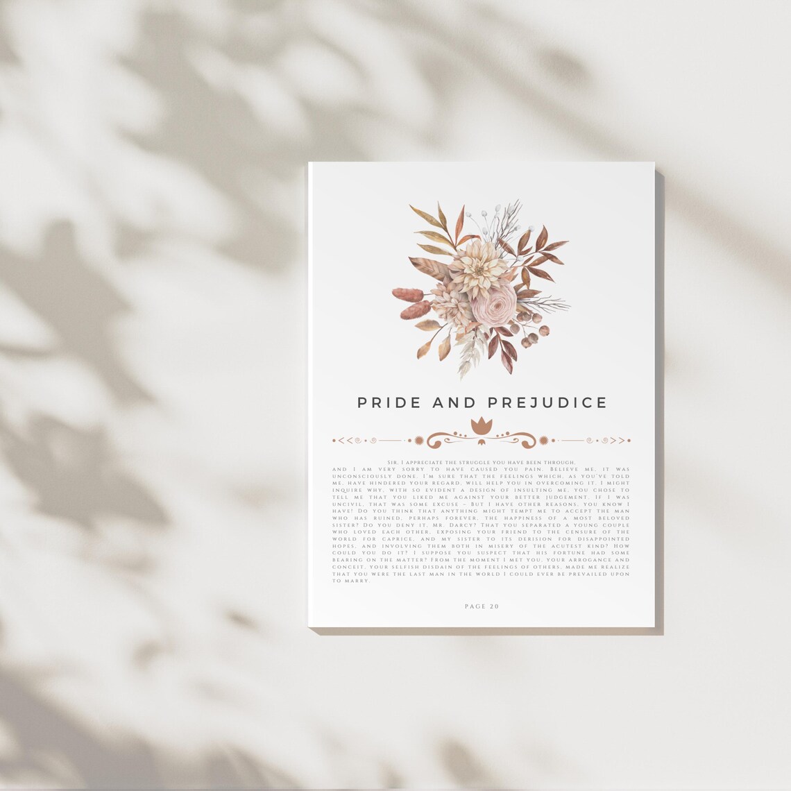 Pride And Prejudice Book Page Quote Poster Floral Watercolor Jane Austen