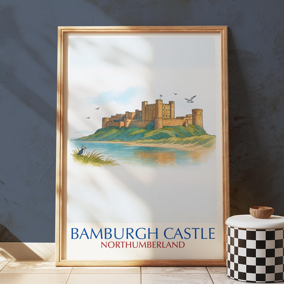 Bamburgh Castle Northumberland Poster Illustrated Seaside Fortress Puffin Artwork