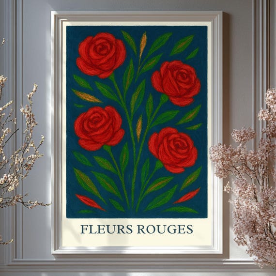Red Rose Botanical Art Print Vintage French Floral Wall Decor