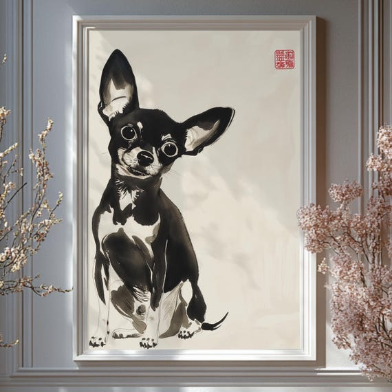 Chihuahua Ink Art Print Minimalist Asian Brush Style Dog Illustration