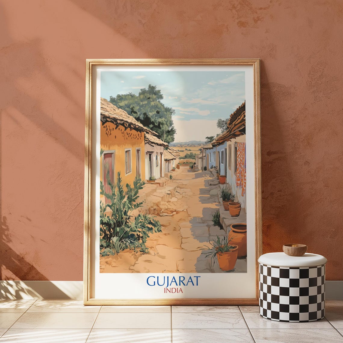Gujarat India Village Street Travel Poster Sunlit Lane Clay Homes