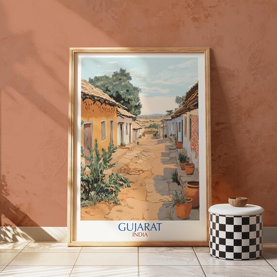 Gujarat India Village Street Travel Poster Sunlit Lane Clay Homes