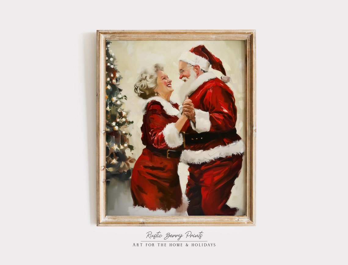 Santa Mrs Claus Dancing Laughing White Christmas Tree Cream Poster