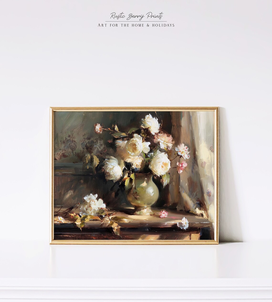 Antique White Peony Vase Still Life Floral Oil Painting Print