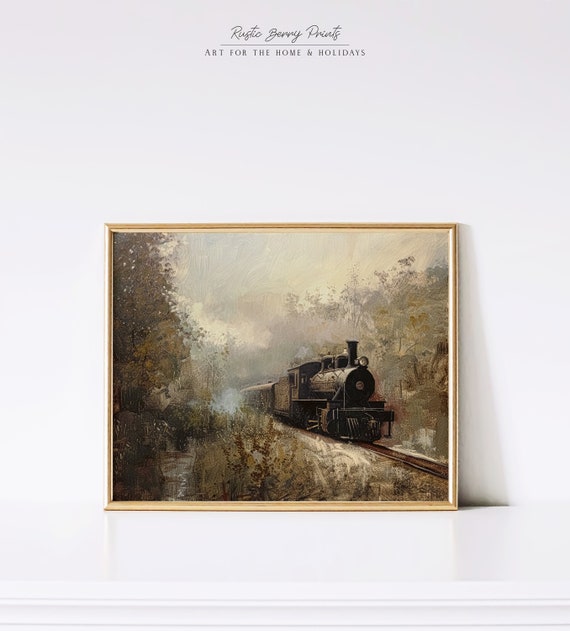 Antique Train Oil Painting Wall Art Vintage Print Dark Academia Print Moody Cottagecore Instant