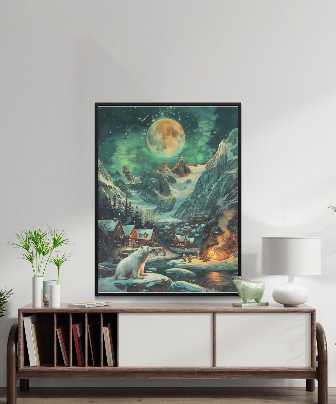 Polar Bear Under a Giant Moon in a Snowy Arctic Village Print - Image 4