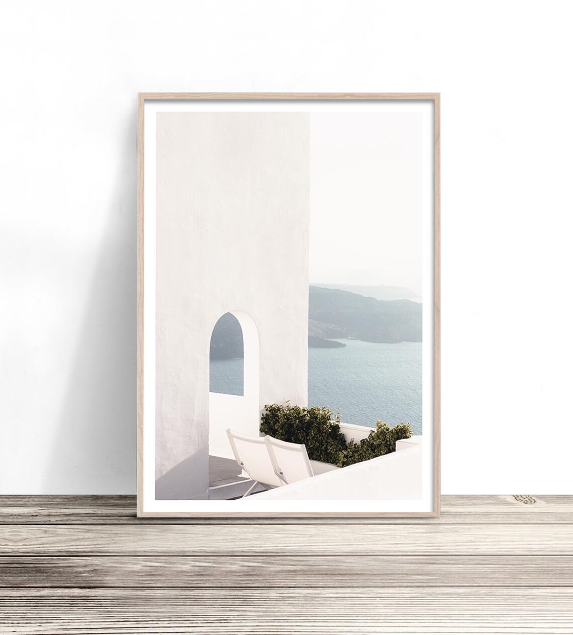 Santorini White Villa Arched Terrace Caldera Sea View Travel Poster
