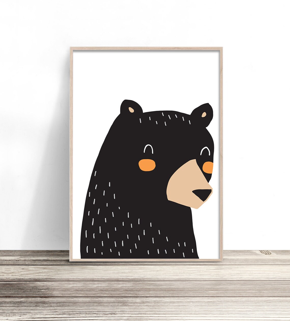 Cute Black Bear Nursery Wall Art Kids Room Scandinavian Animal Poster