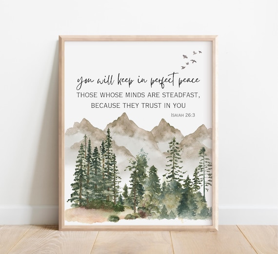 Isaiah 26 3 Perfect Peace Verse Watercolor Mountain Forest Poster