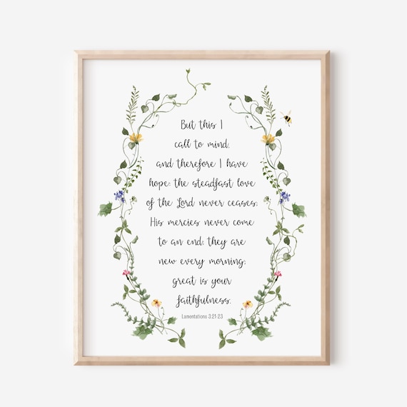 Lamentations 3 21-23 Great Is Your Faithfulness Botanical Scripture Poster