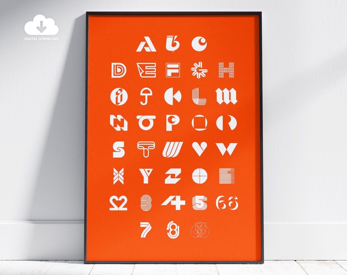 Stylized Alphabet Letterforms White On Orange Designer Typeface Poster