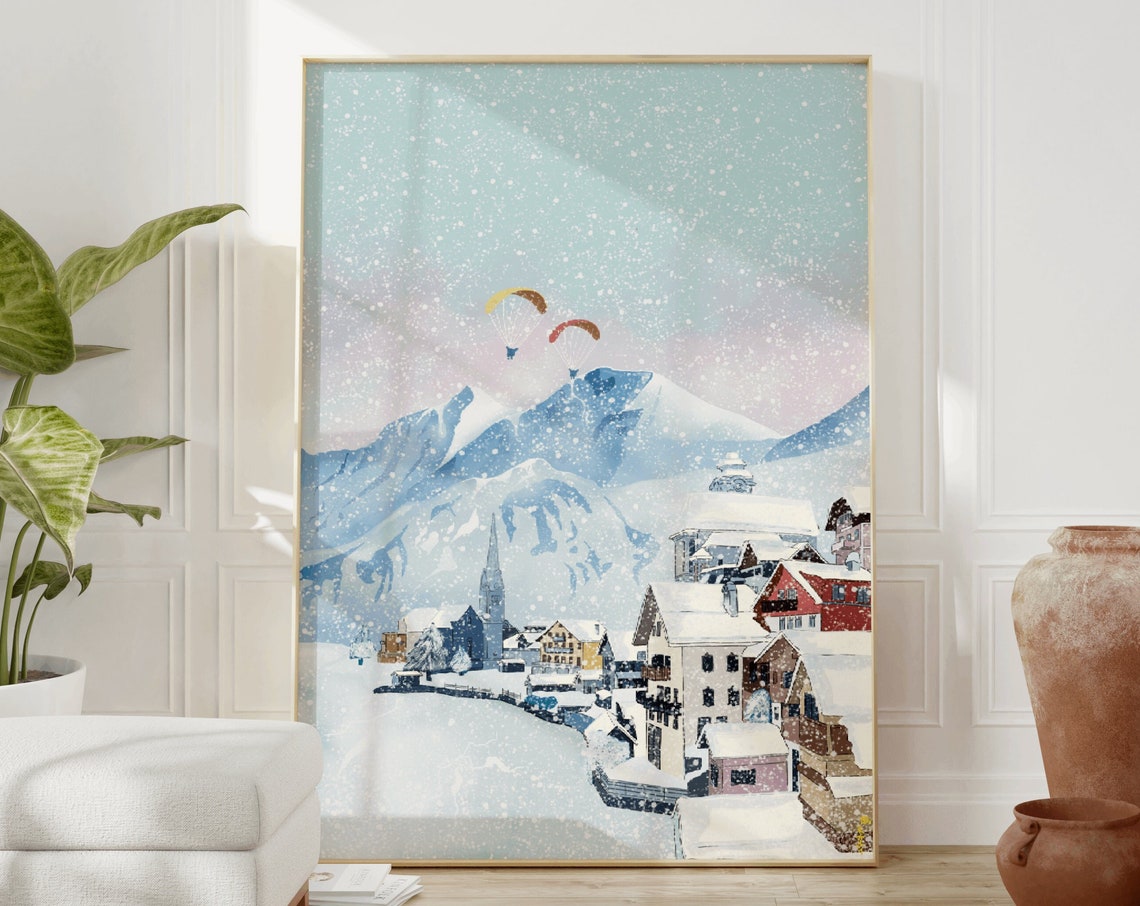 Hallstatt Austria Winter Snow Village Paragliders Alpine Poster