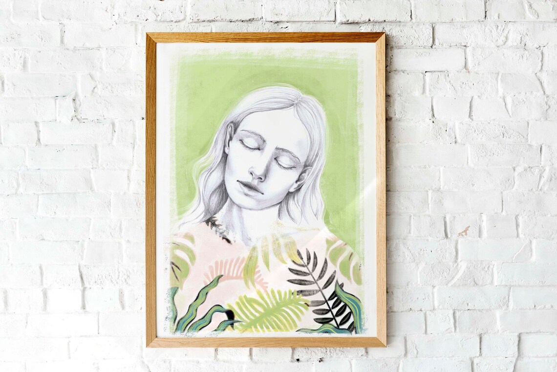 Sketch Portrait Blonde Woman Closed Eyes Green Mixed Media Art Print