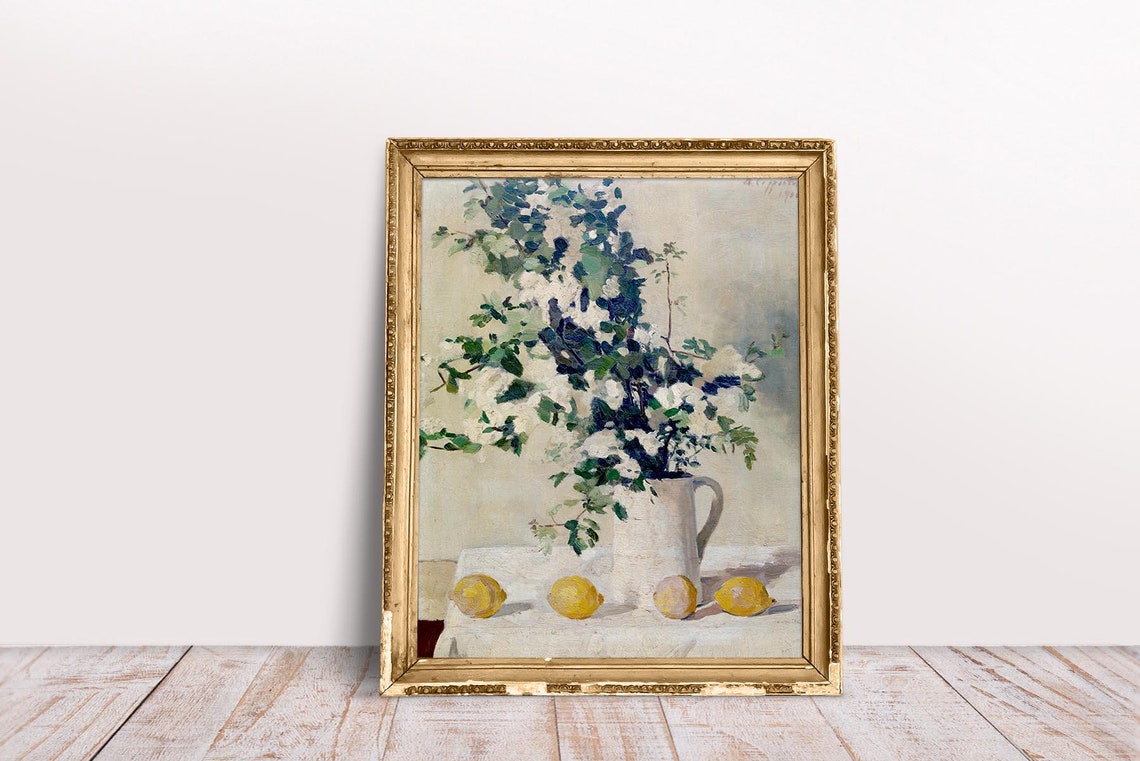 White Blossom Pitcher Lemons Vintage Floral Still Life Poster - Image 3