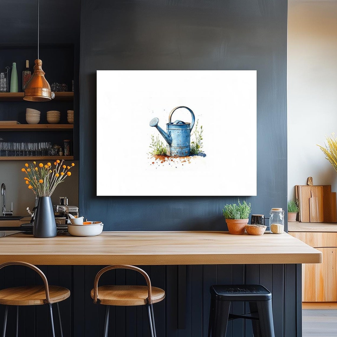 Blue Watering Can Watercolor Garden Botanical Rustic Charm Art Poster