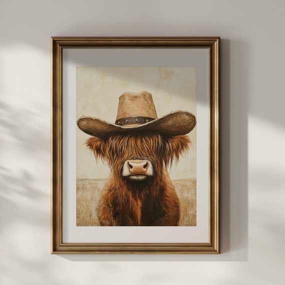 Highland Cow Wearing Cowboy Hat Wall Art Funny Western Boho Oil Painting Farm House Wall Decor Gift Poster