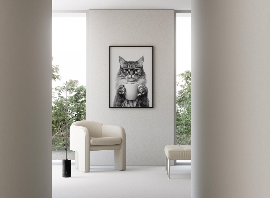 Siberian Cat Drinking Coffee, Funny Kitchen Poster - Image 3