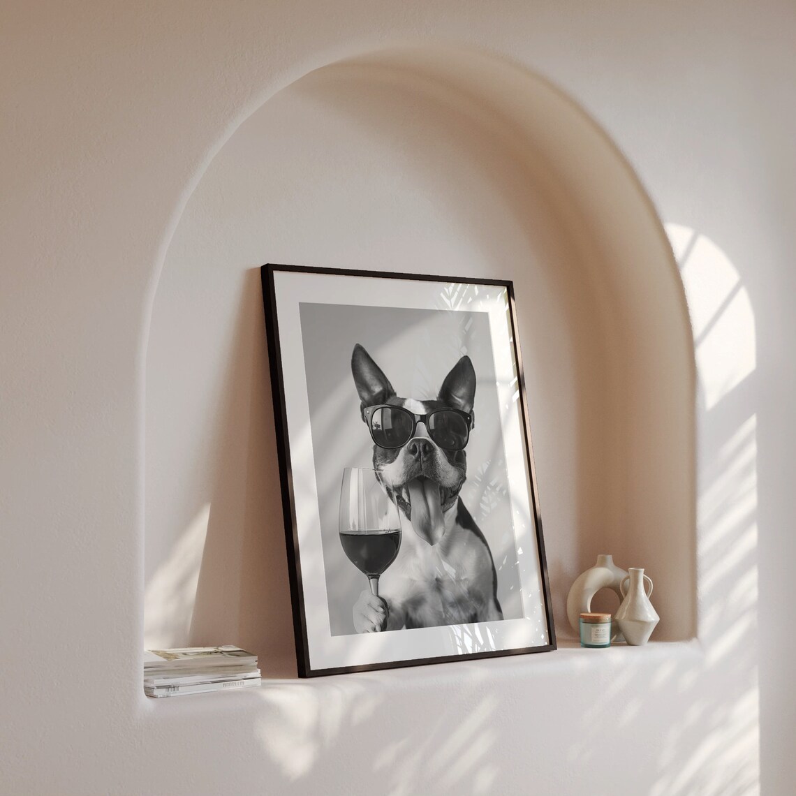 Boston Terrier And Wine Black And White Art Print - Image 4