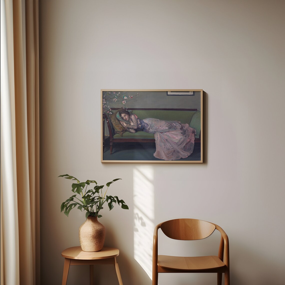 Woman Sleeping On Green Sofa Pink Gown Vintage Oil Painting Poster - Image 2
