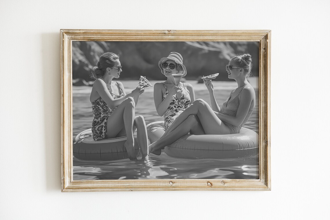 Women Eating Pizza On Pool Floaties Summer Party Vintage Photo Poster - Image 3