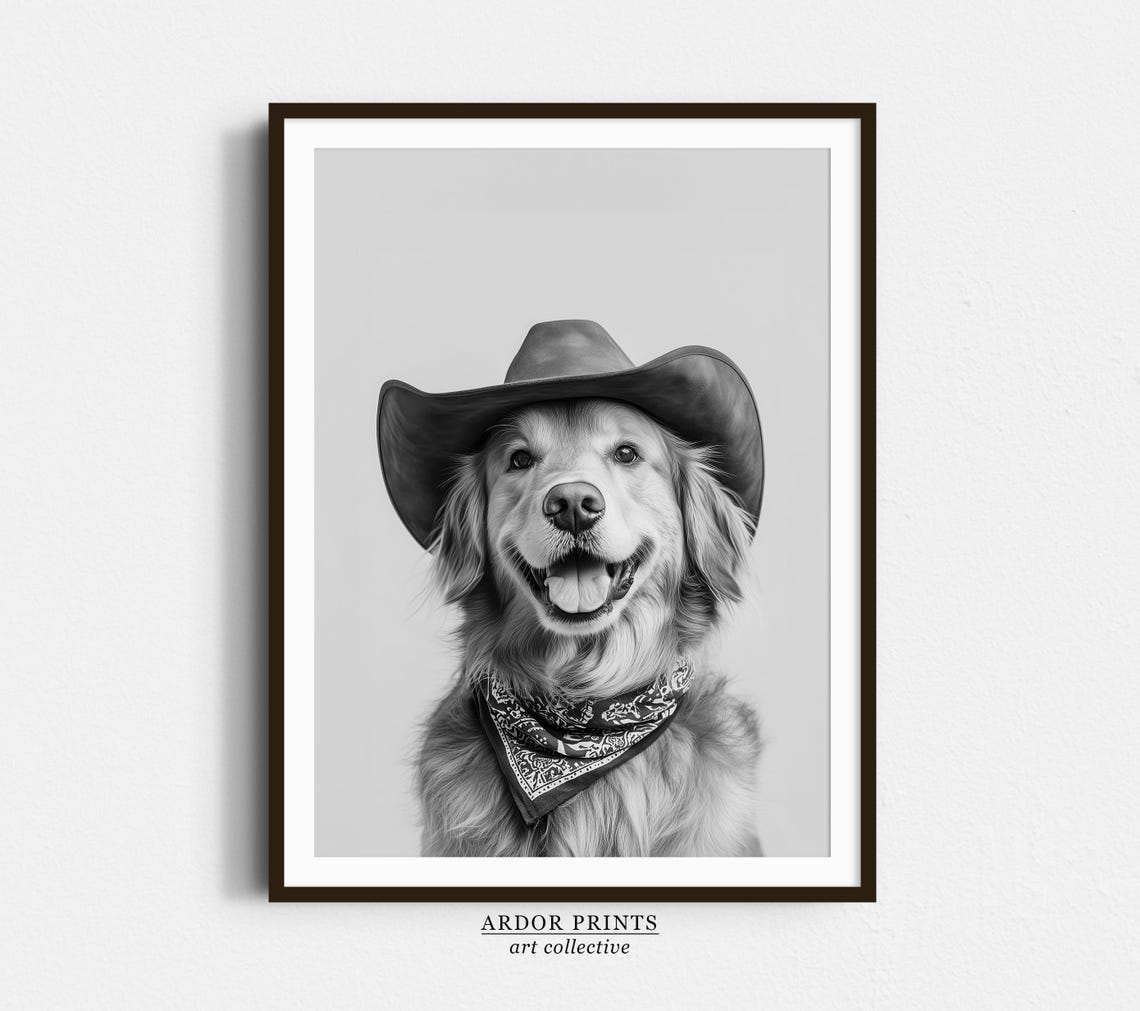 Golden Retriever Cowgirl Hat Print Western Art Black And White Wall Art Dog Gift Western Decor Vintage Dog Poster Trendy Cowboy Decor