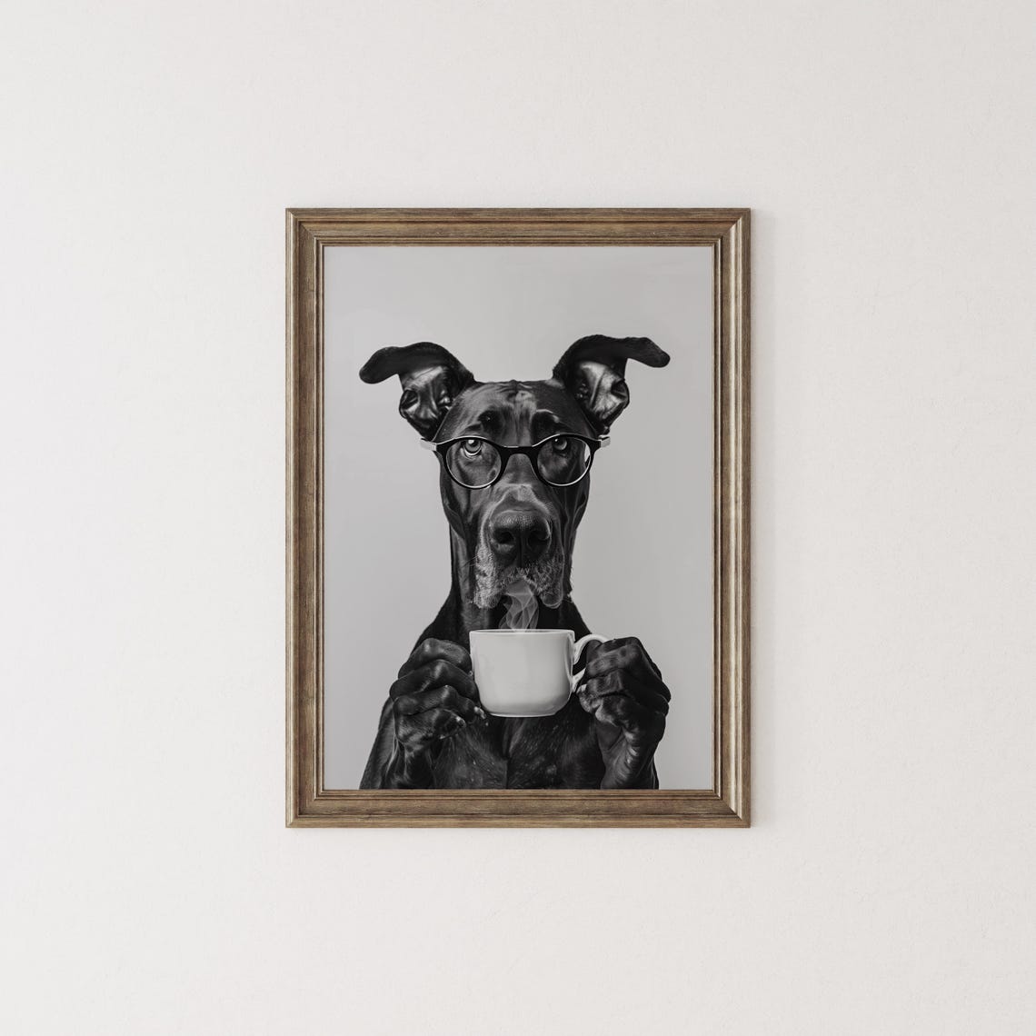 Great Dane With Glasses Holding Coffee Black and White Poster - Image 2