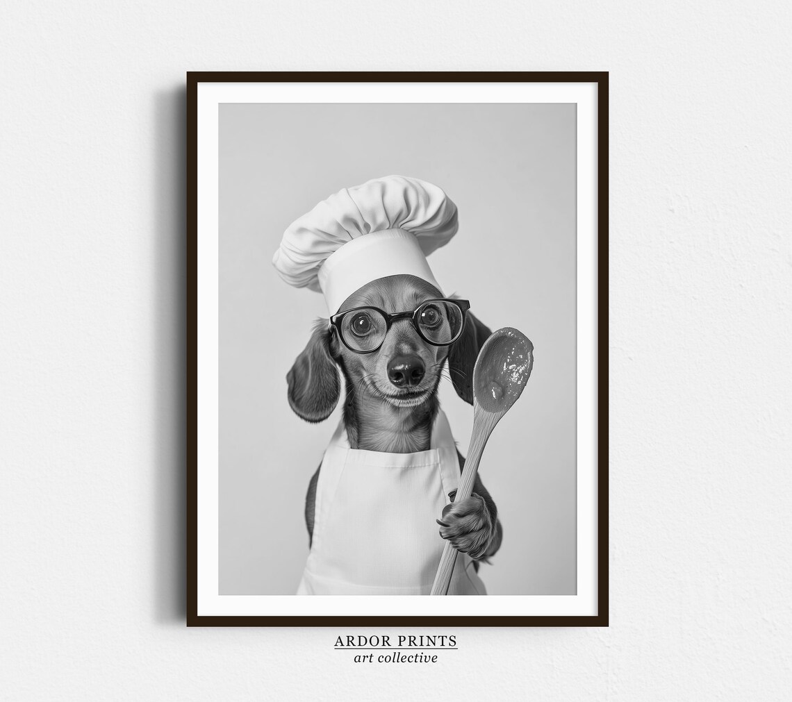 Dachshund Chef Wearing Glasses Holding Wooden Spoon Kitchen Poster