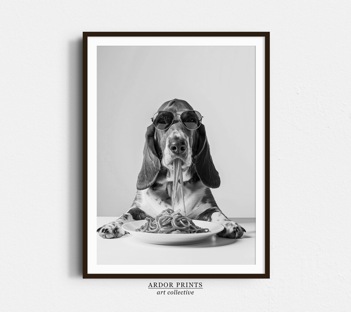 Basset Hound Eating Spaghetti Funny Dog With Sunglasses Photo Poster