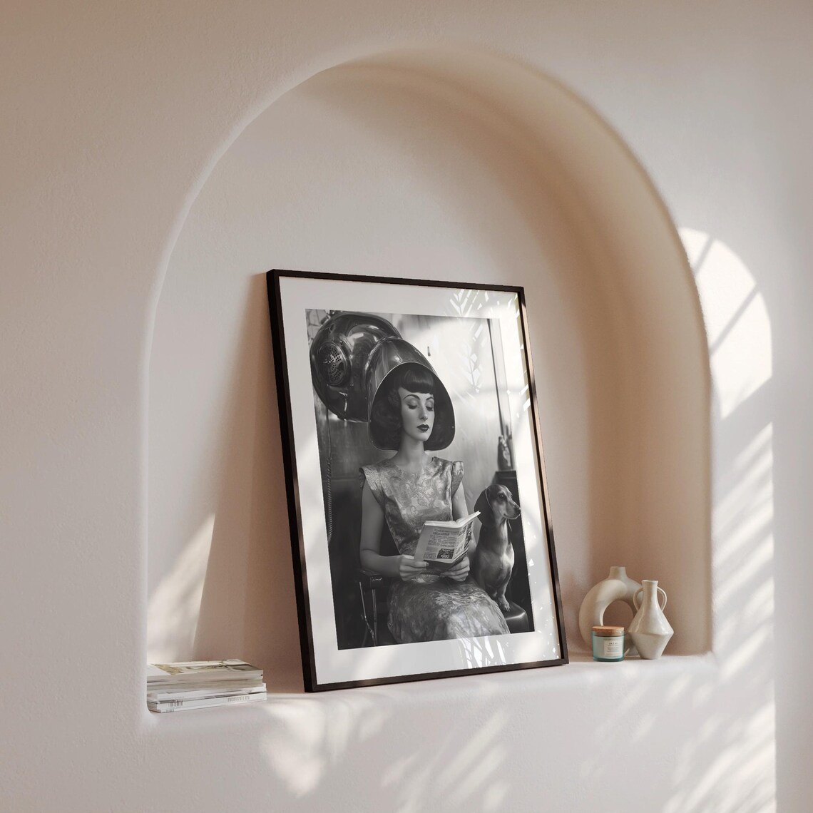 Woman Reading Magazine Under Salon Hair Dryer With Dachshund Poster - Image 4