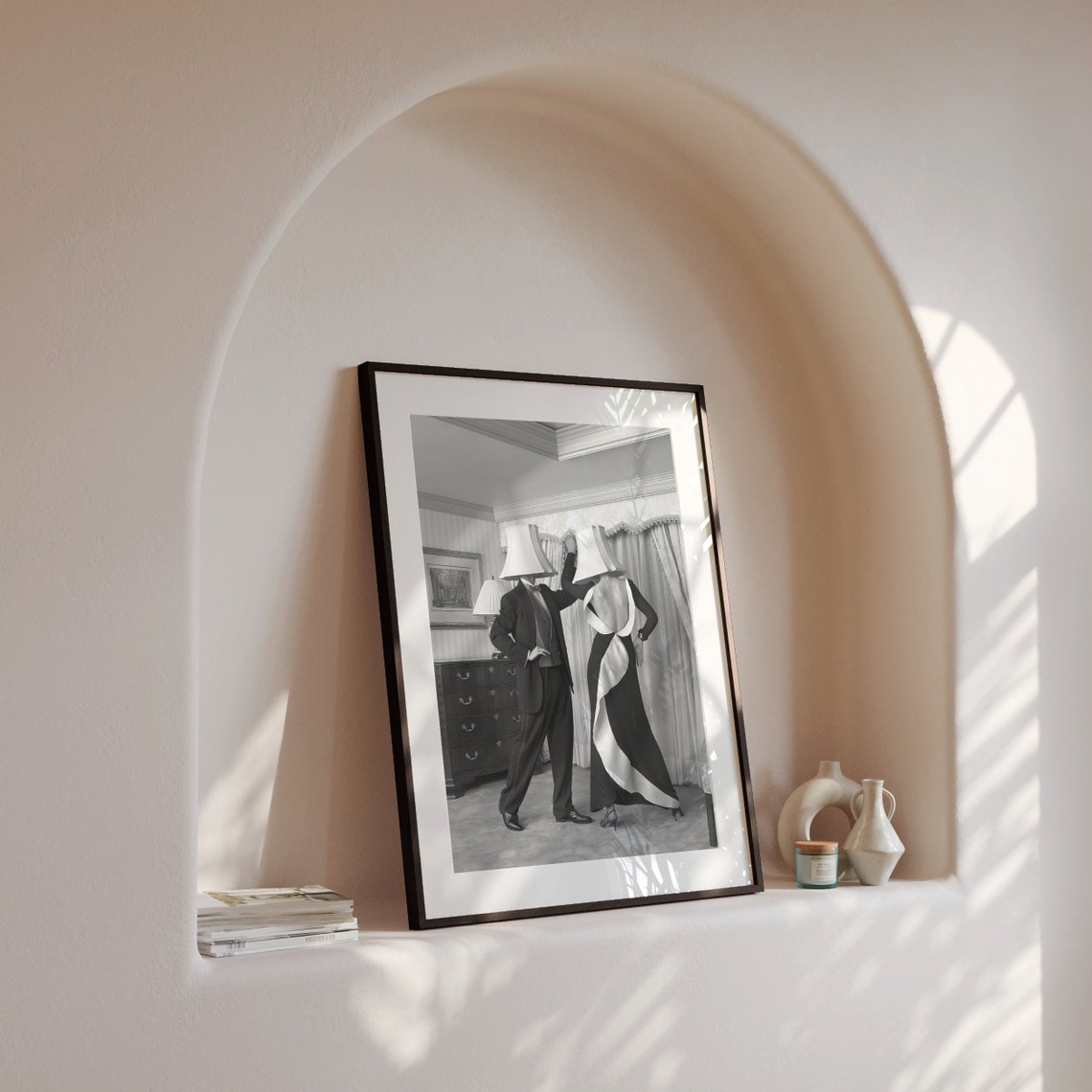Dancing Couple Wearing Lampshades on Heads Surreal Black White Poster - Image 4